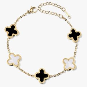 Black & White Clover Bracelet with Gold Tone